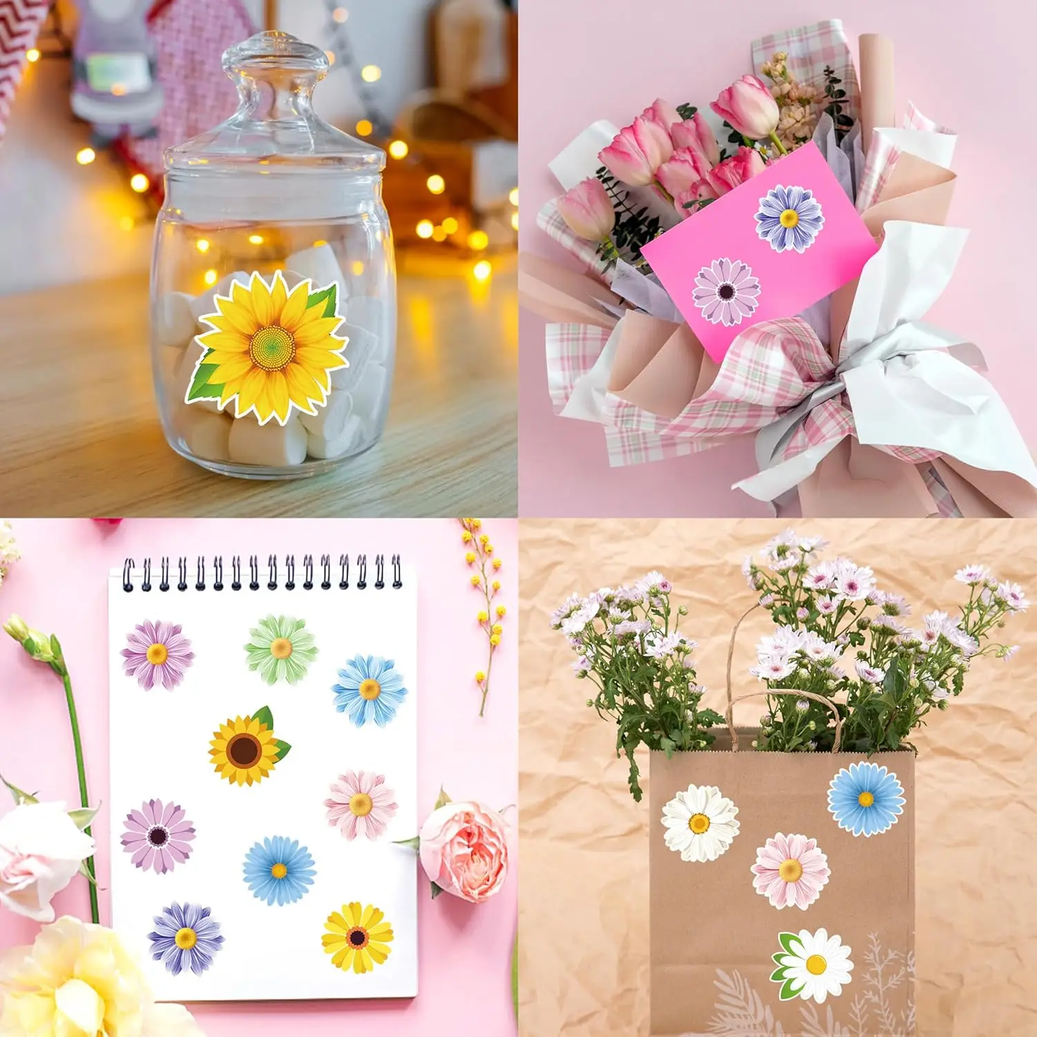 Flower Sticker Roll Spring Daisy Sunflower Sticker Decals Colorful Watercolor Flower Label Stickers for Scrapbooks Water Bottle