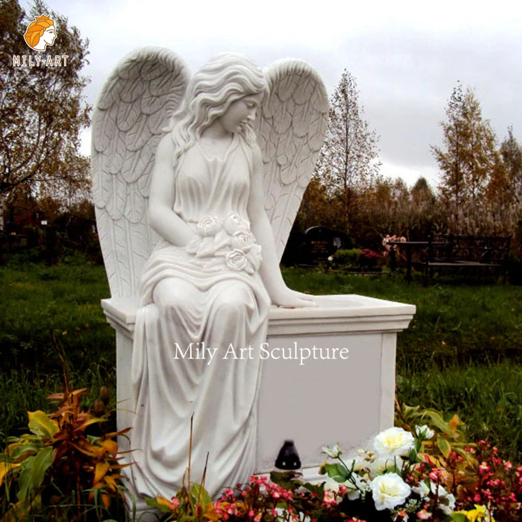 Custom Large Natural Stone Granite Marble Headstone Sitting Angel Bench Memorial Tombstone For Outdoor