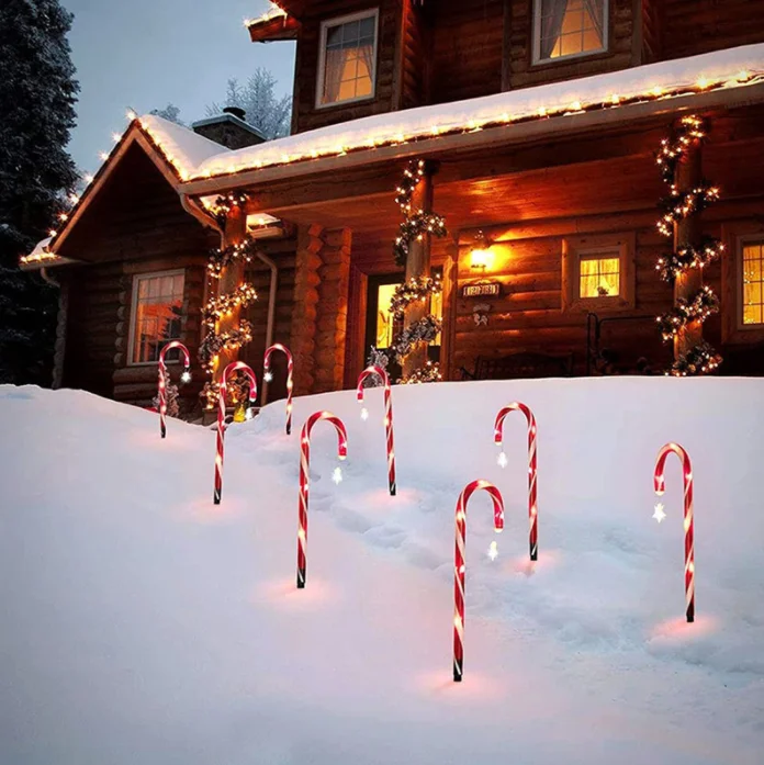 10 In 1 Candy Cane Crutch 47cm Outdoor Solar Decor Garden Pathway Stake Festival Xmas New Year Christmas Candy Cane Solar Lights