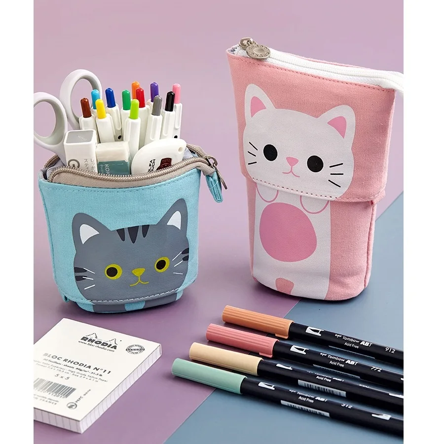 Korean Large Capacity Cute Stand Up Canvas Pencil Pouch holder,Custom Pop Up Telescopic  Pencil Case Bag Stationary For Girls