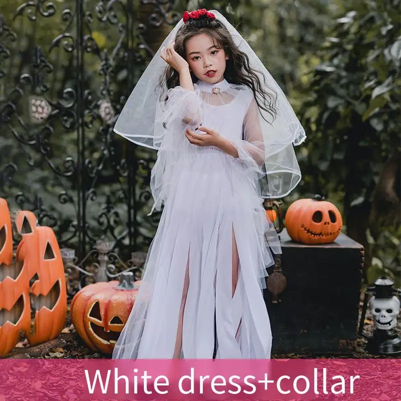 Halloween costume for kids Ghost Bride Costume Bride Zombie Dress Girls Black white Witch Costume Dark Devil GhostBride Dress