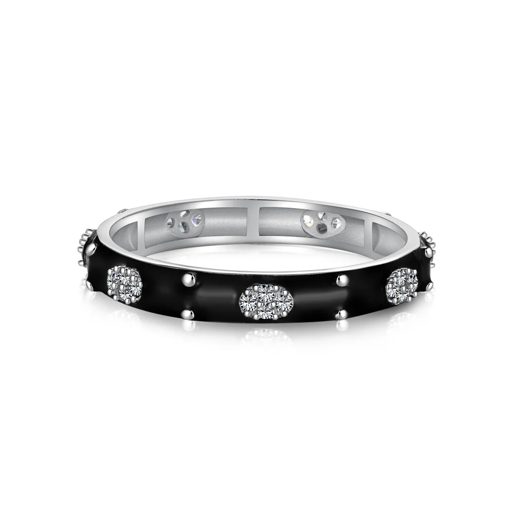 Dylam Stylish 925 Sterling Silver Non Tarnish Rhodium Plated 5A Zirconia Jewelry Black Enamel Diamond Jewellery Rings for Women