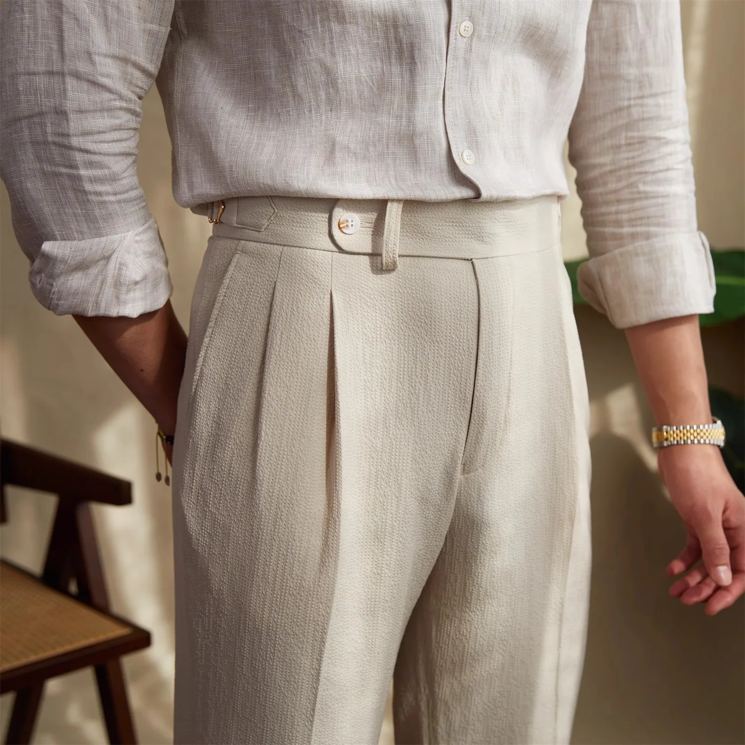 MCP053 Italian Style Mens Naples Trousers High Waist Side Buckle Pant Fitness Double Pleated Mens Business formal Pants
