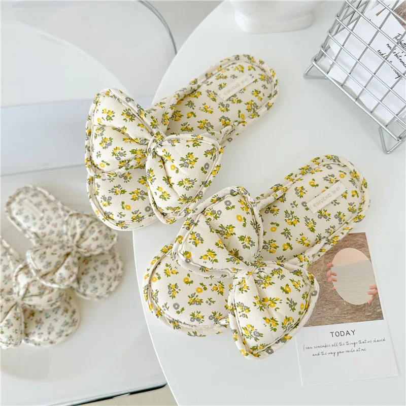 LM390X Floral bow home slippers Printed home cotton slippers Waterproof thick soled indoor shoe slippers