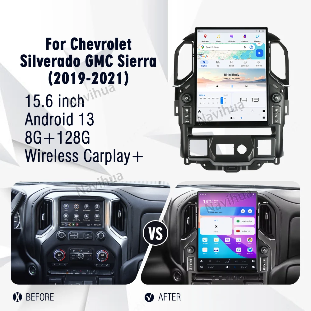NaviHua 15.6 Inch Android Car Radio Screen For Chevrolet Silverado GMC Sierra 2019 2021 Automotive Navigation Carplay Head Unit