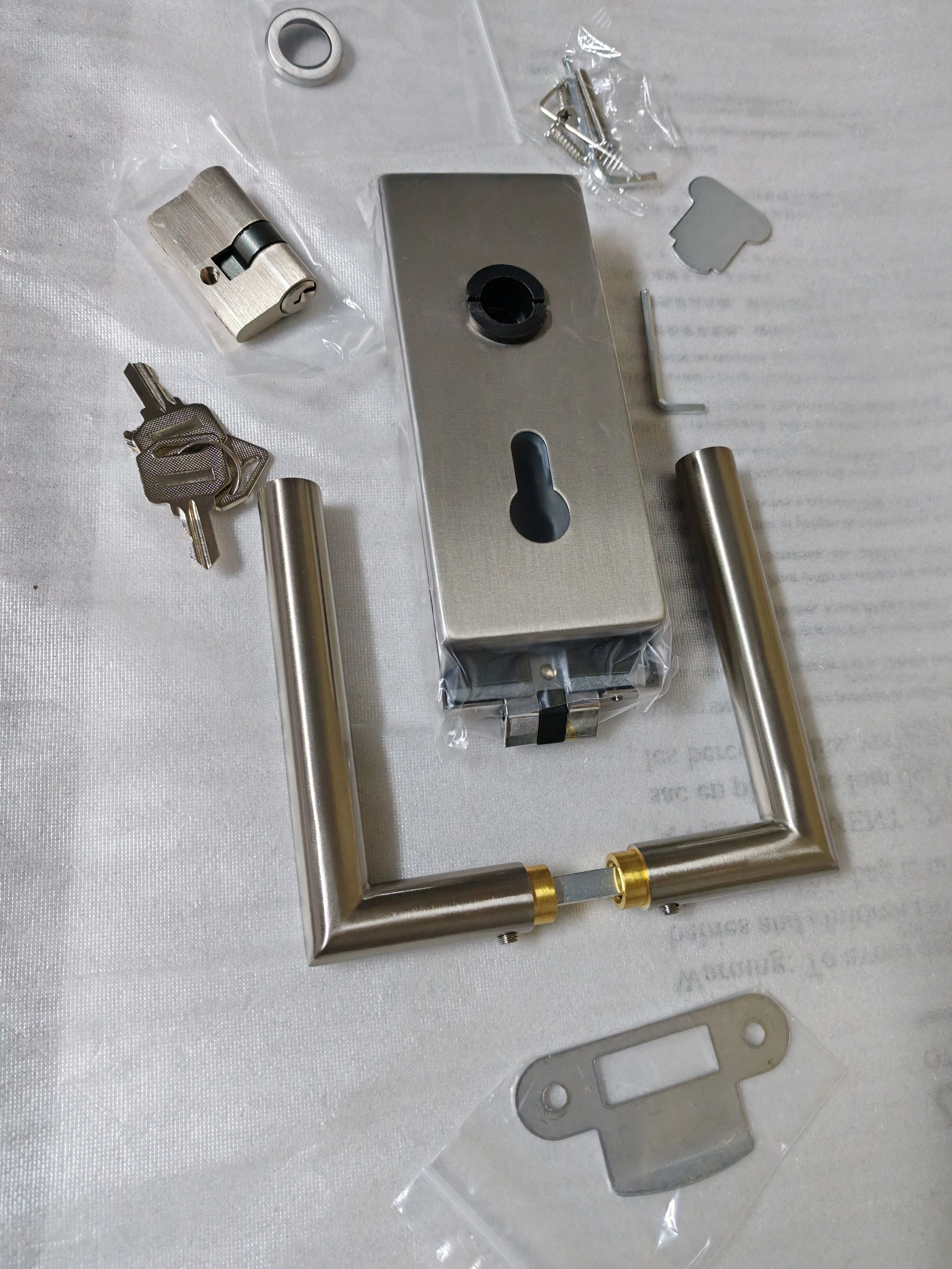 Square satin nickel office  center glass door handle set with lock G050 mechanism and movable or active handle