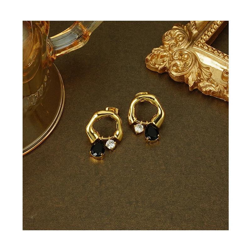Retro geometric 925 Silver Needle 18K gold plated Crystal Diamond Black Gemstone Water Drop Hoop Earrings for women