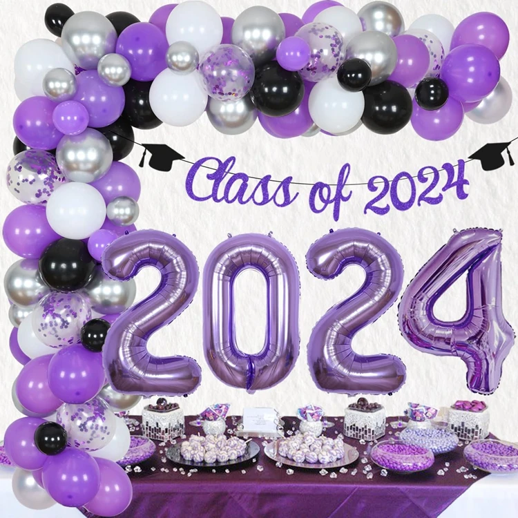 2024 Graduation Decorations with Purple Silver Latex Balloons 2024 Foil Balloons and Class of 2024 Banner for Grad Party A3184