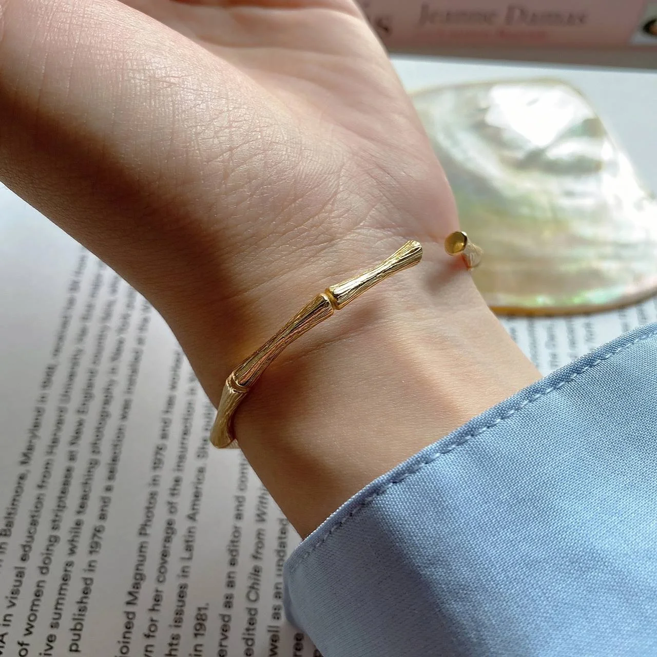Hao Ying In stock  fine jewelry 925 sterling silver gold plated bamboo cuff bracelet