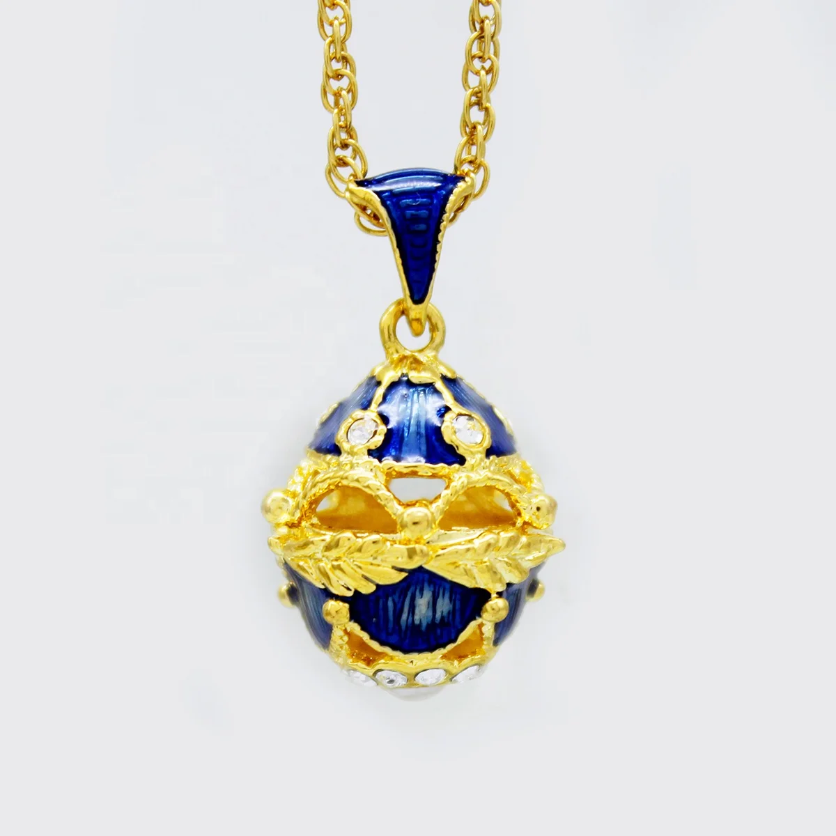 Gold Plated Russian style Fancy Girls Handmade Jewelry Women Enamel Pearl Crystals Tree Leaf Faberge egg Pendant Necklace