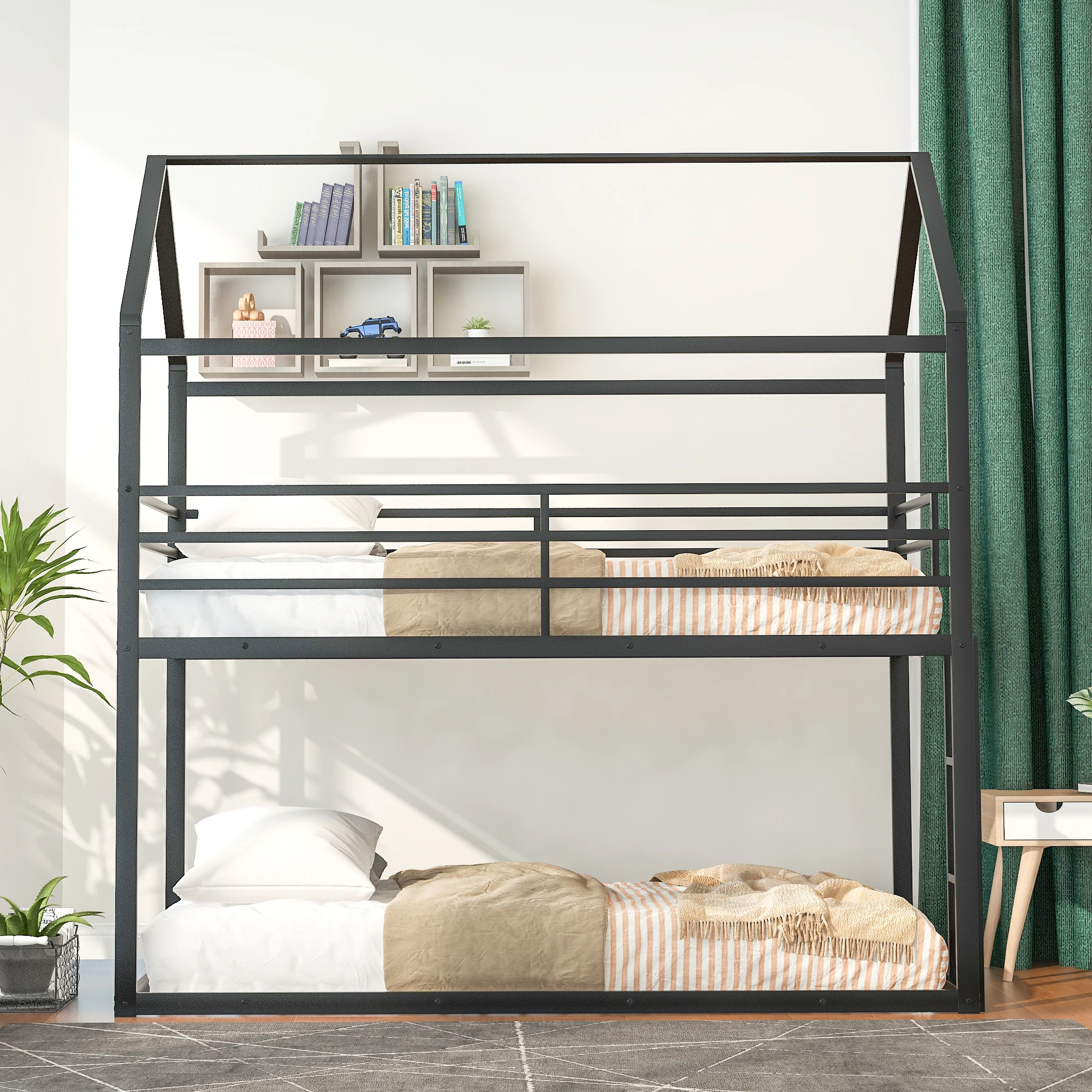 Bunk Beds for Kids Twin over Twin House Bunk Bed Metal Bed Frame Built-in Ladder,No Box Spring Needed Black