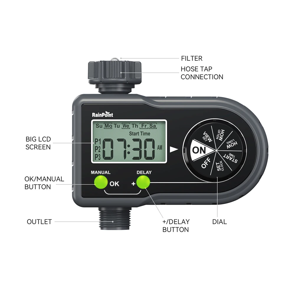 Rainpoint Automatic Watering Timer  Garden Water Sprinkler Timer with Display Manual and Automatic Modes Easy Setup