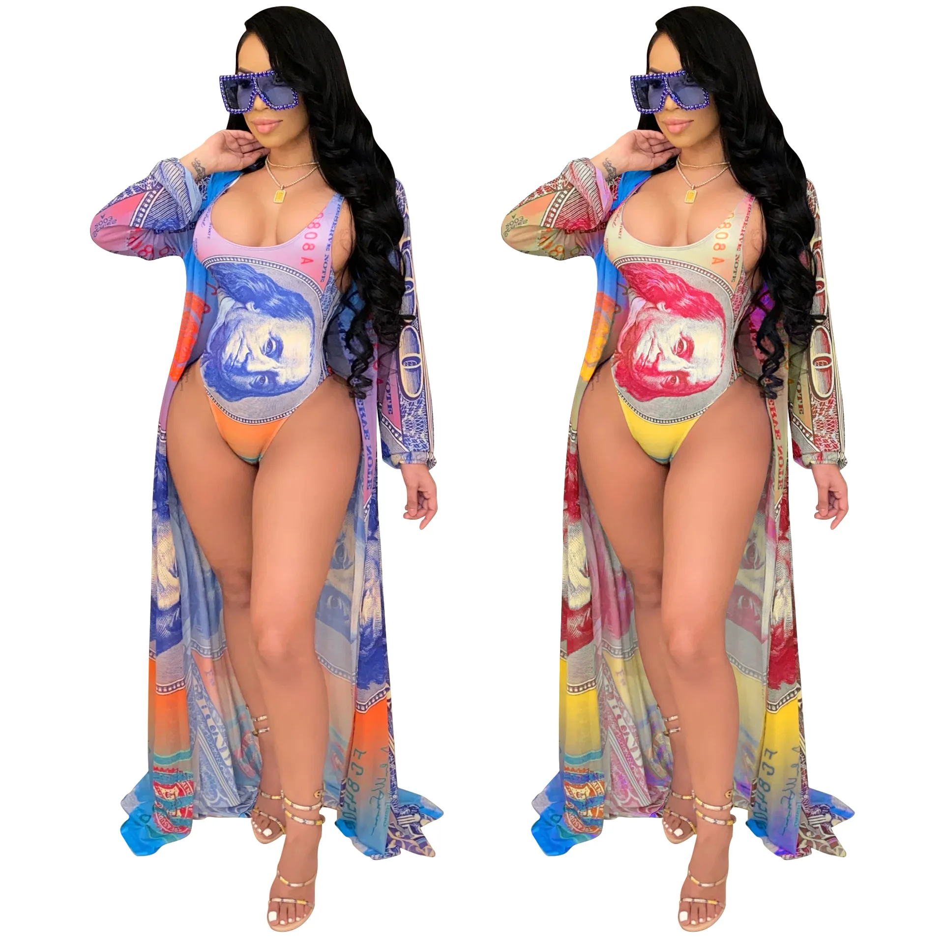 
2021 Newest Women Long Tops Money Coat Swimsuit Two Piece Set Sexy US Dollars Printed Bathing Suit 