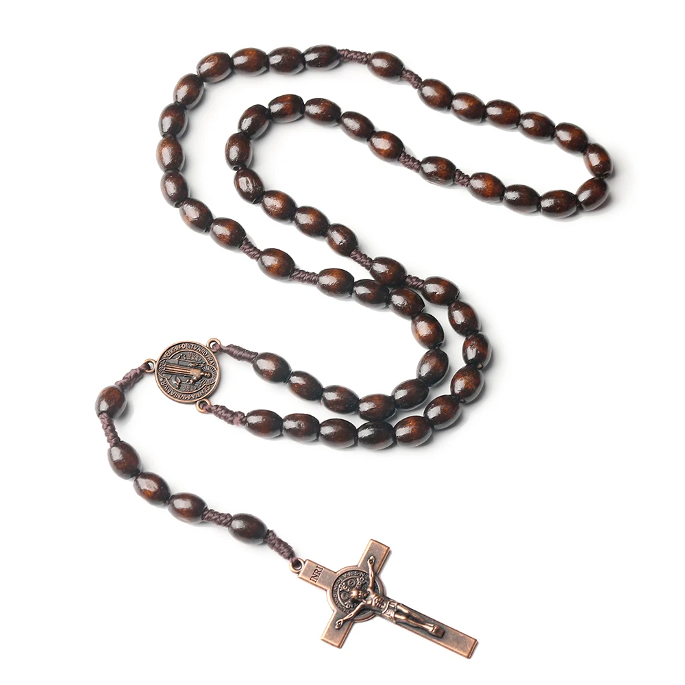 Catholic Rosary prayer beads 8*10mm Christ Wooden Beads Cross Jesus saint Necklace Jewelry Christianity Easter Church Gift