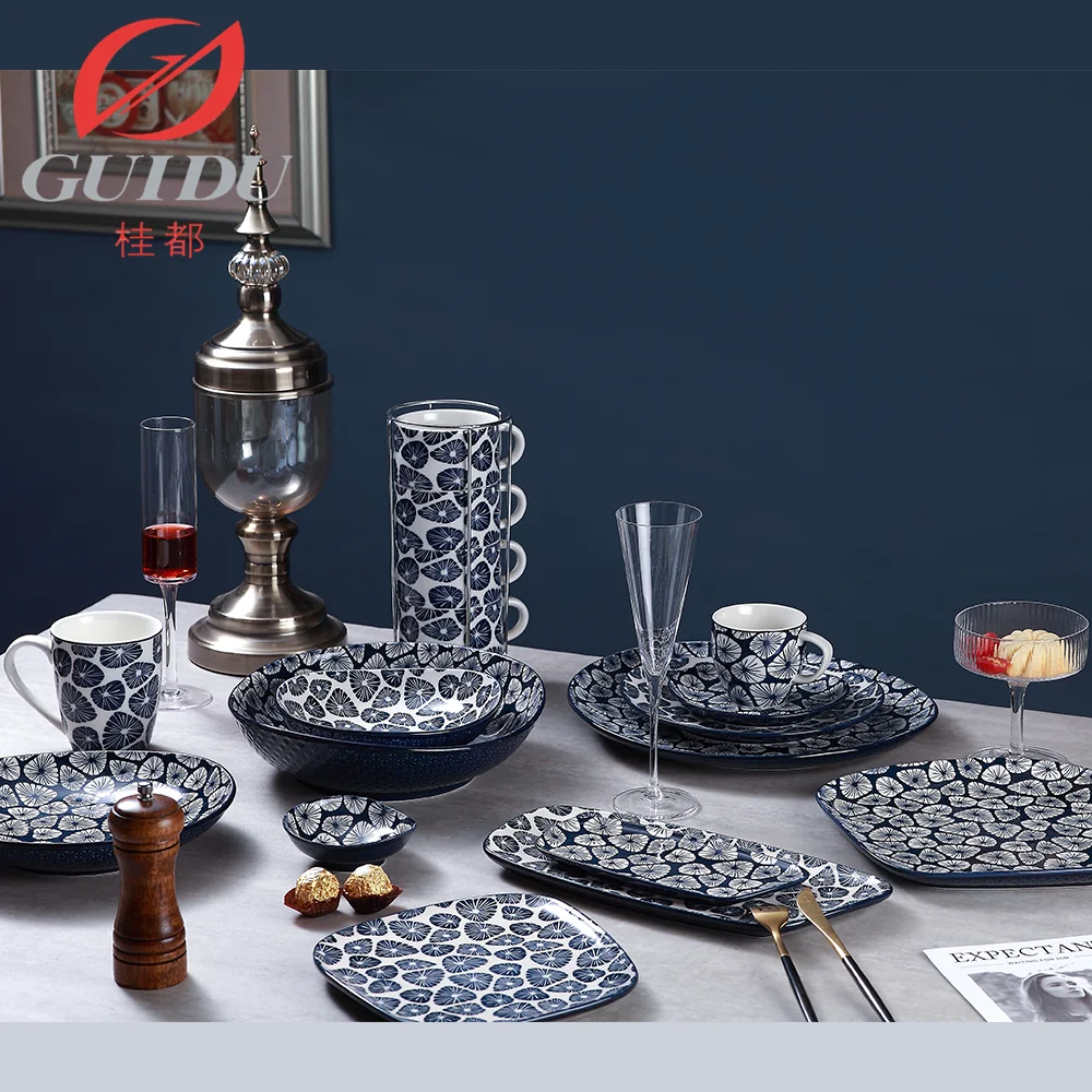 Wholesale brand Luxury Porcelain Ceramic Tableware plate dish serving marble design Stoneware Square Dinnerware set