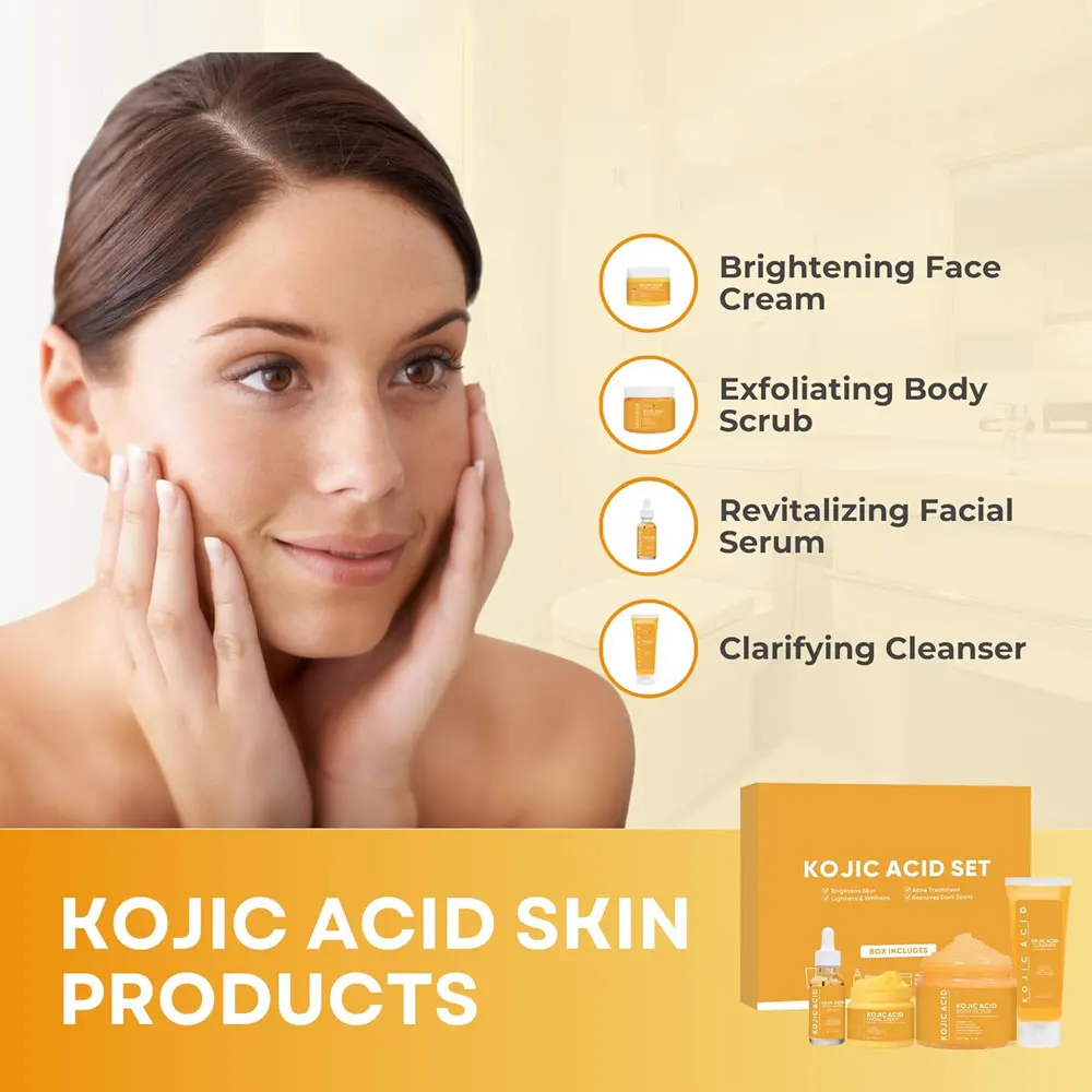 New Beauty Facial Kojic Soap Cleanser, Exfoliating Body Scrub, Face Cream & Brightening Facial Serum Kojic Acid Skincare Set