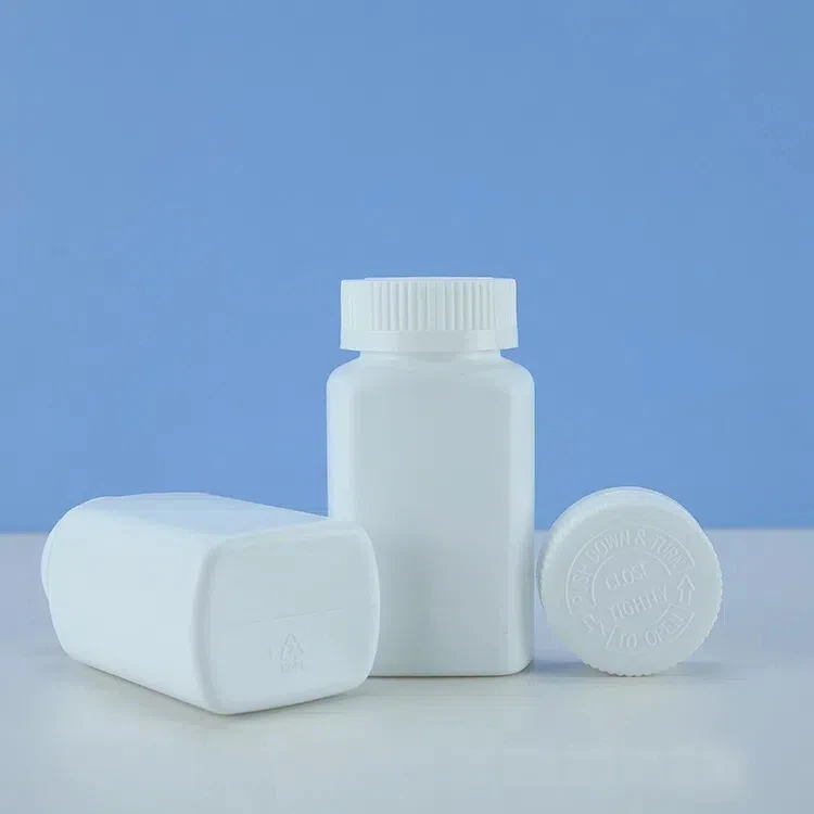 HDPE White Medicine Bottle With Lids 100ml Square  Capsule Bottle With Child Safety Cap CRC Cap Push Down & Turn to Open Lid