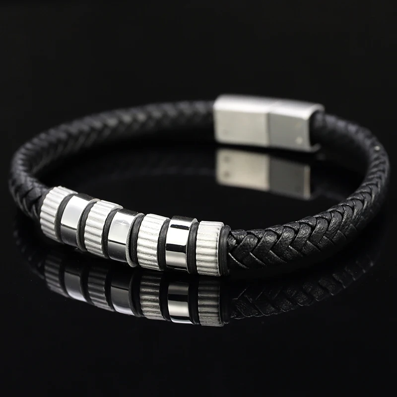 Classical Red Black Mix Color Genuine Leather Bracelet Trendy Braided PU Leather Bracelet with Magnetic Clasp