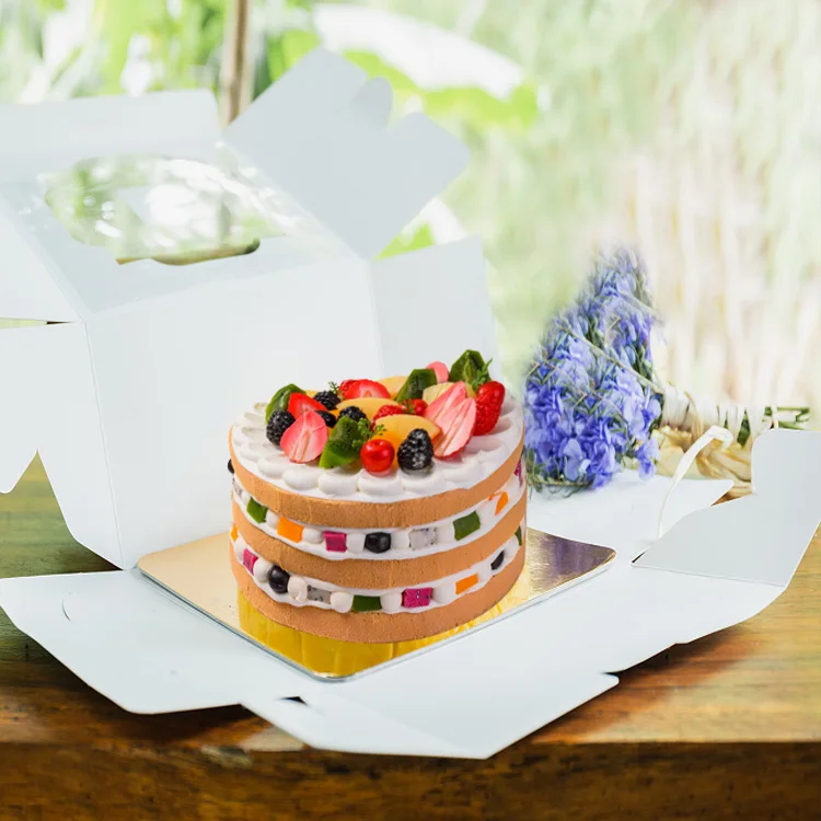 10 Inches Cake Bakery Packaging Box White High Quality Paper Box with Handle Cake Board and Window Cake Package