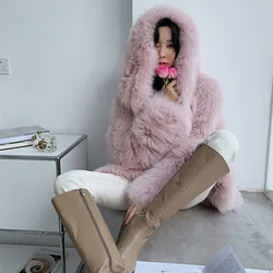 New Elegant fox fur coat Pink with hood coat winter real fox fur coat fluffy jackets women Factory wholesale custom spot