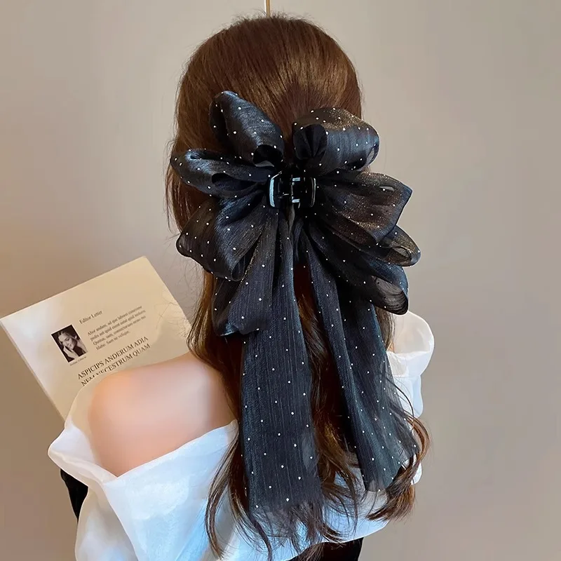 Hot Sale High Quality Black White Big Bow Hairpin Spring Clip Lace Ribbon Ladies Clip Fabric Hairgrips