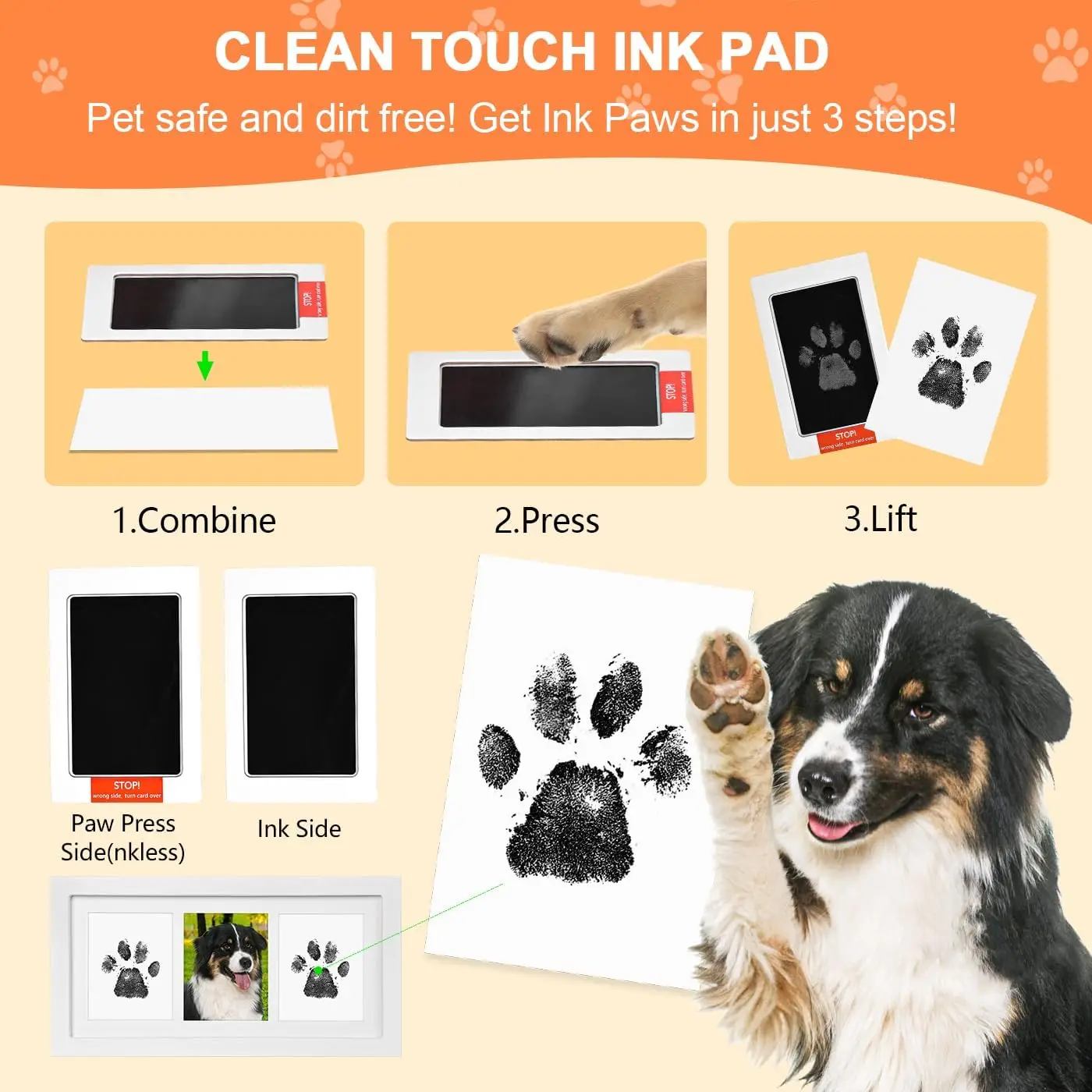 white wood  dog picture frame paw print kit clay pet memorial gift for dog lovers