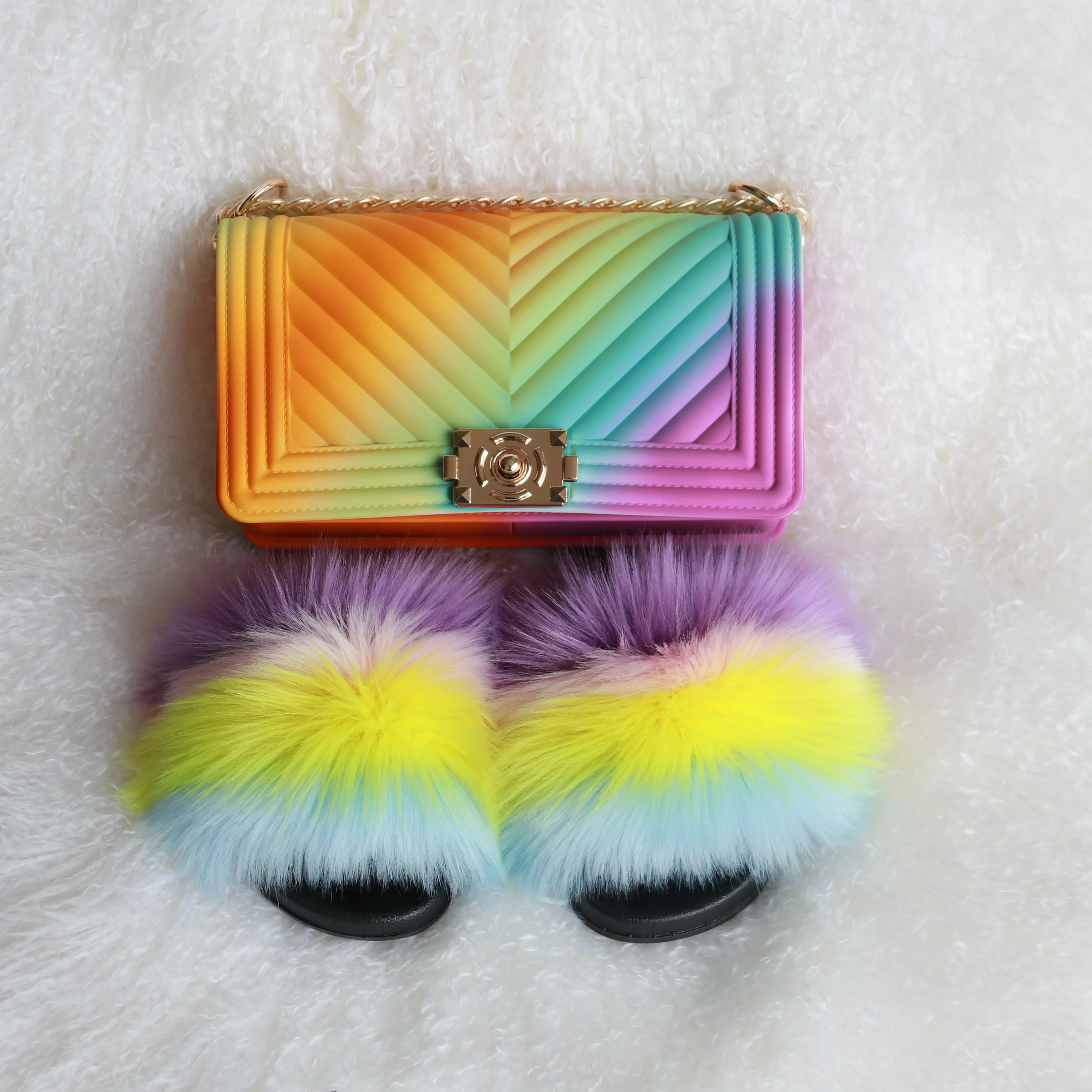 PVC sole faux fur slippers jelly purse fashion women ladies shoe and bag set