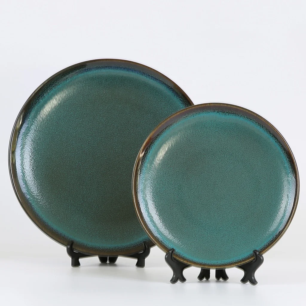 Custom printed flat round fambe dinner plate stoneware reactive dinnerware sets