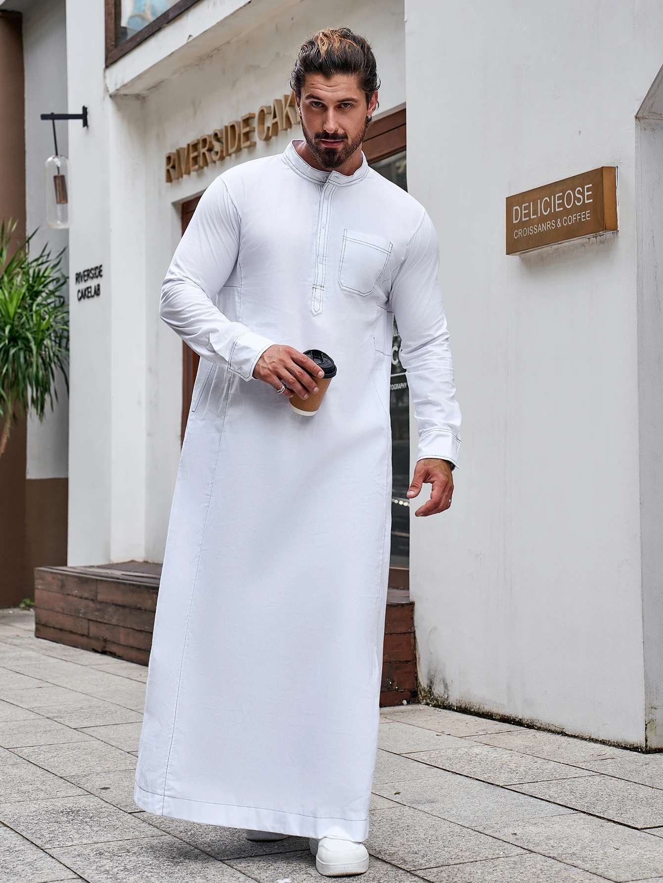 Ramadan Muslim Middle East Arab Dubai Malaysian men color contrast pocket stand collar shirt robe