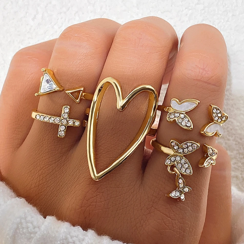 2024 Trendy Geometric Crystal Heart Rings Set Gold Moon Butterfly Green Stone diamond Knuckle Finger Ring Women Jewelry Gift