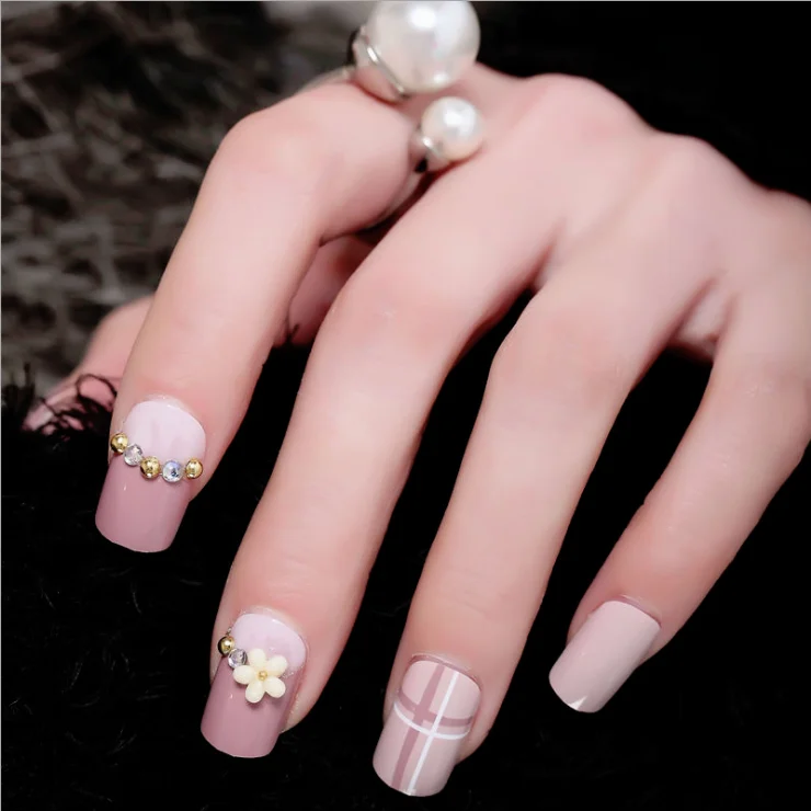 24pcs/box 3D Popular False Nail Short Square Press on Artificial Fingernails Flower Designs Nail Art Tips Wholesale Dropshipping