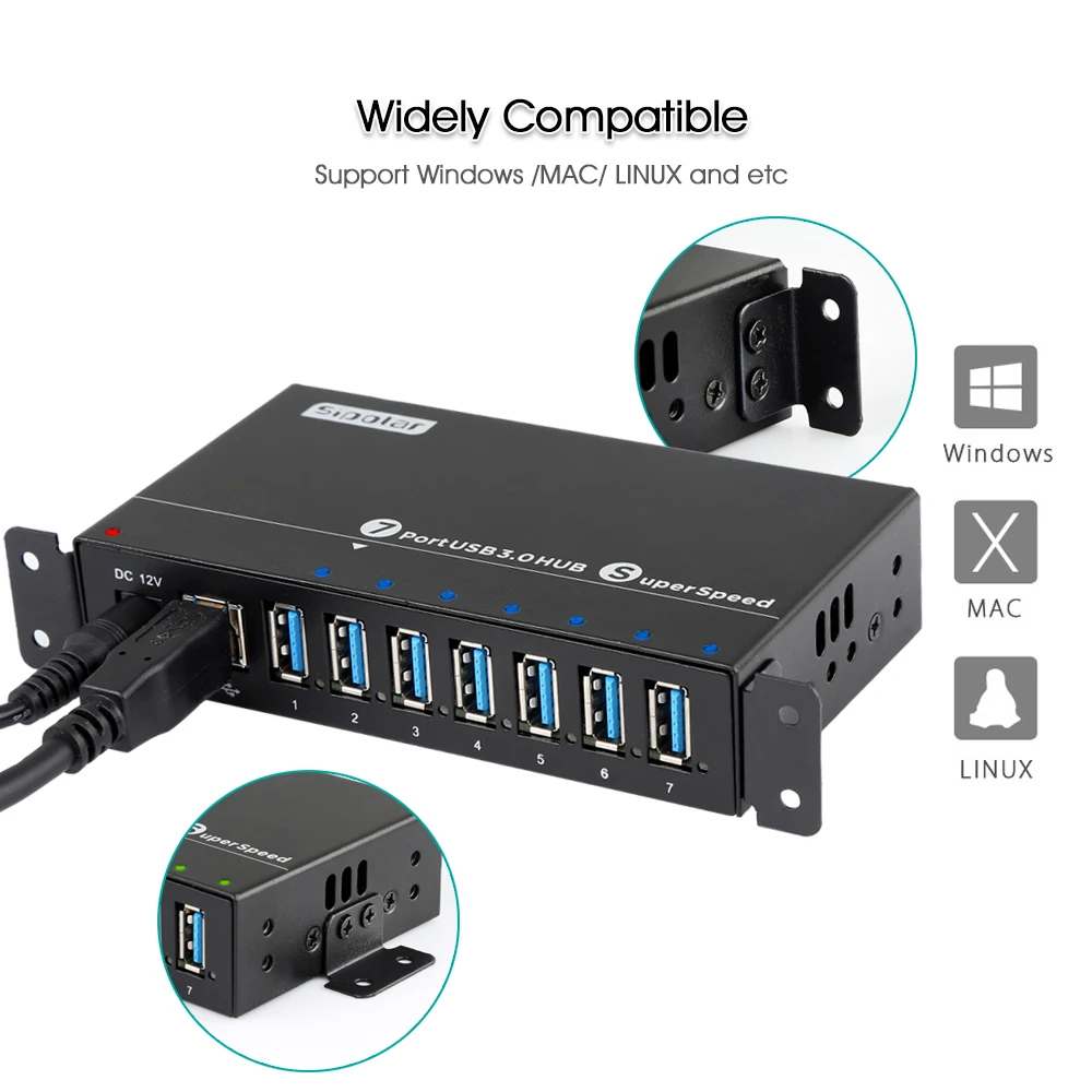 Sipolar Black Metal Industrial Grade 60W USB HUB Powered 7 USB 3.0 Ports for Laptop/PC/HDD/Flash Drive