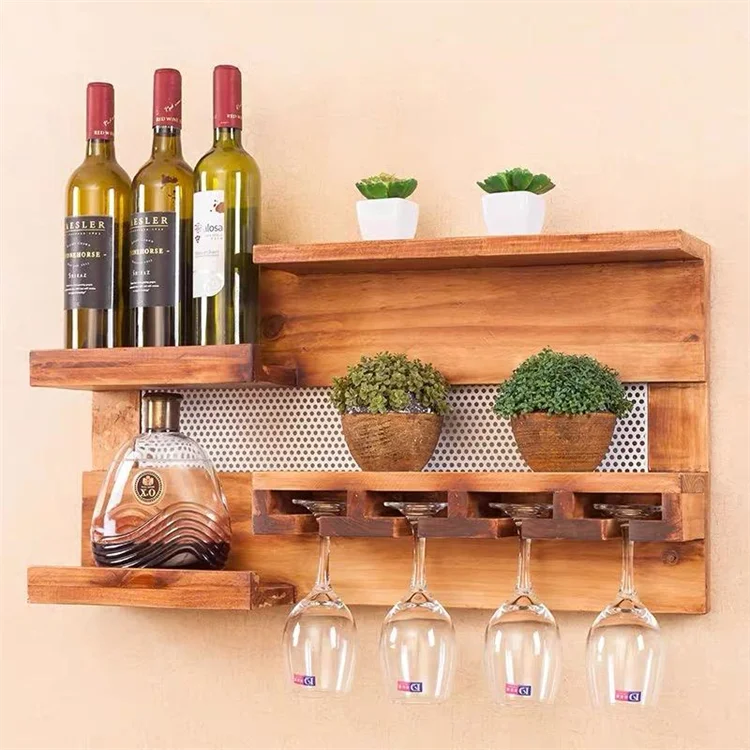 Factory Sale Walnut Color Wall-Mounted Wine Shelf Bamboo Bottle Wooden Glass Holder