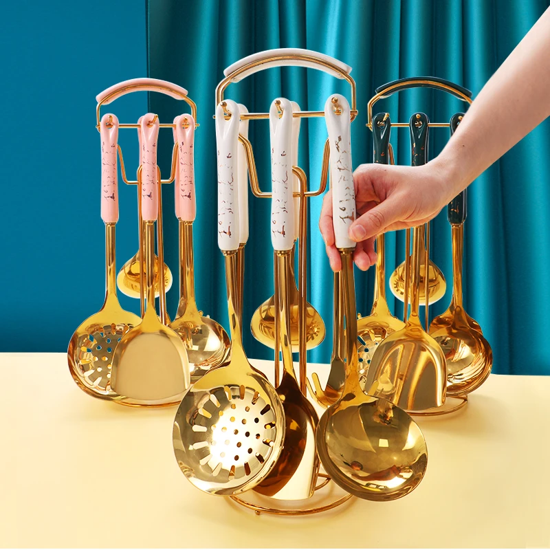 Modern Minimalist Kitchenware Set Cooking Spatula Seven Pcs Ceramic Handle Stainless Steel Spatula Spoon Kitchen Supplies