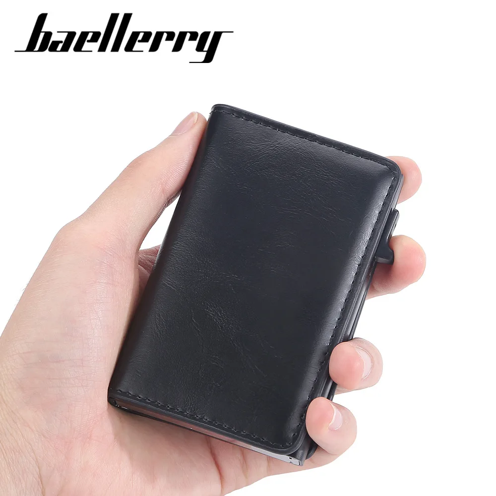 OEM baellerry latest men pop up wallets RFID Blocking Aluminum Automatic Credit Card Holder Case full pu leather pop up wallet