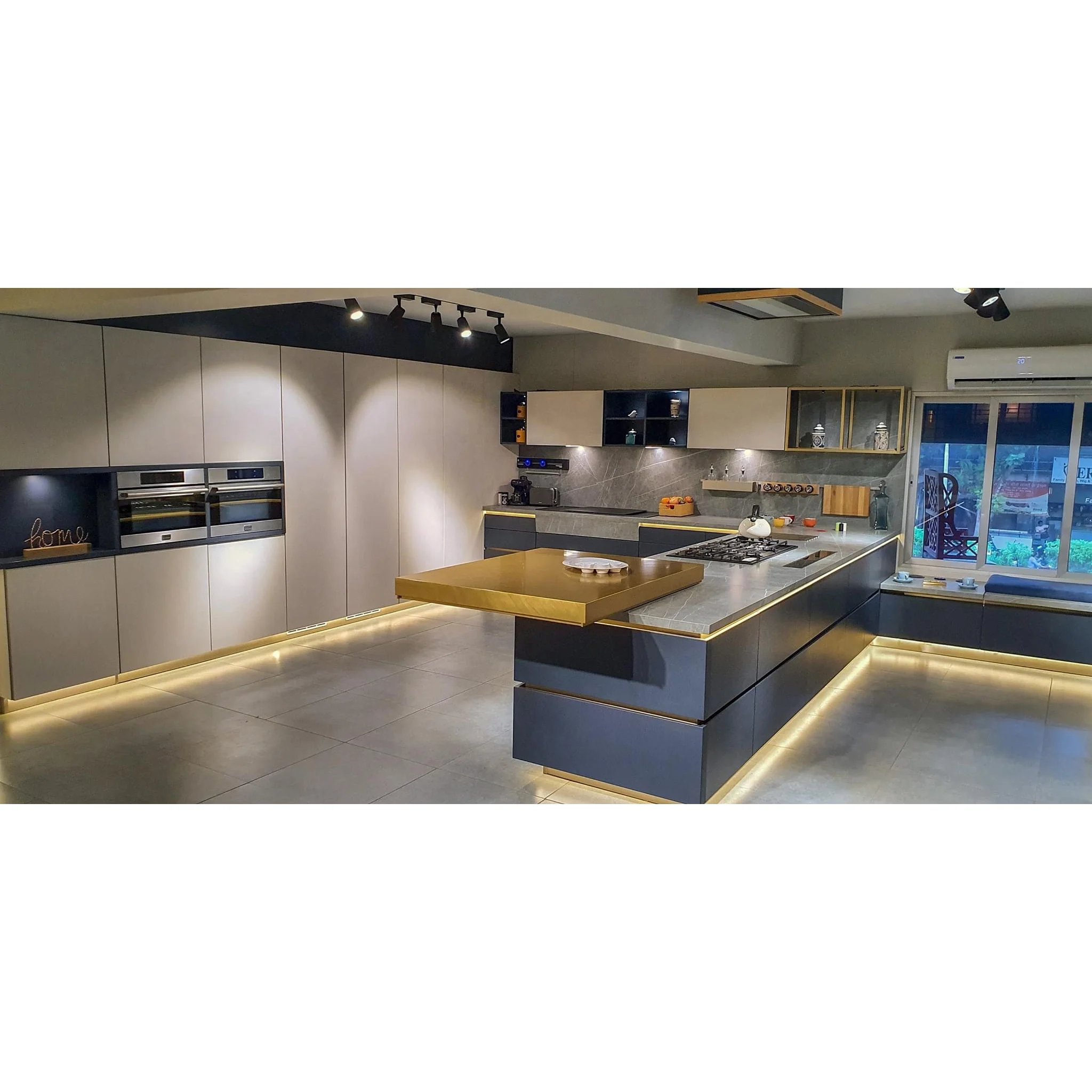 Modern wood  Kitchen Cabinet customized made in China Factory With LED light, gold trim, high-end customization