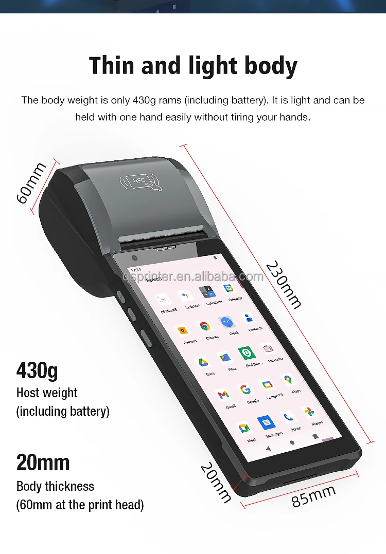 Wireless 2D Barcode Scanner Android 12.0 Handheld Industrial Mobile Fingerprint Reader NFC PDA Terminal with Thermal POS Printer