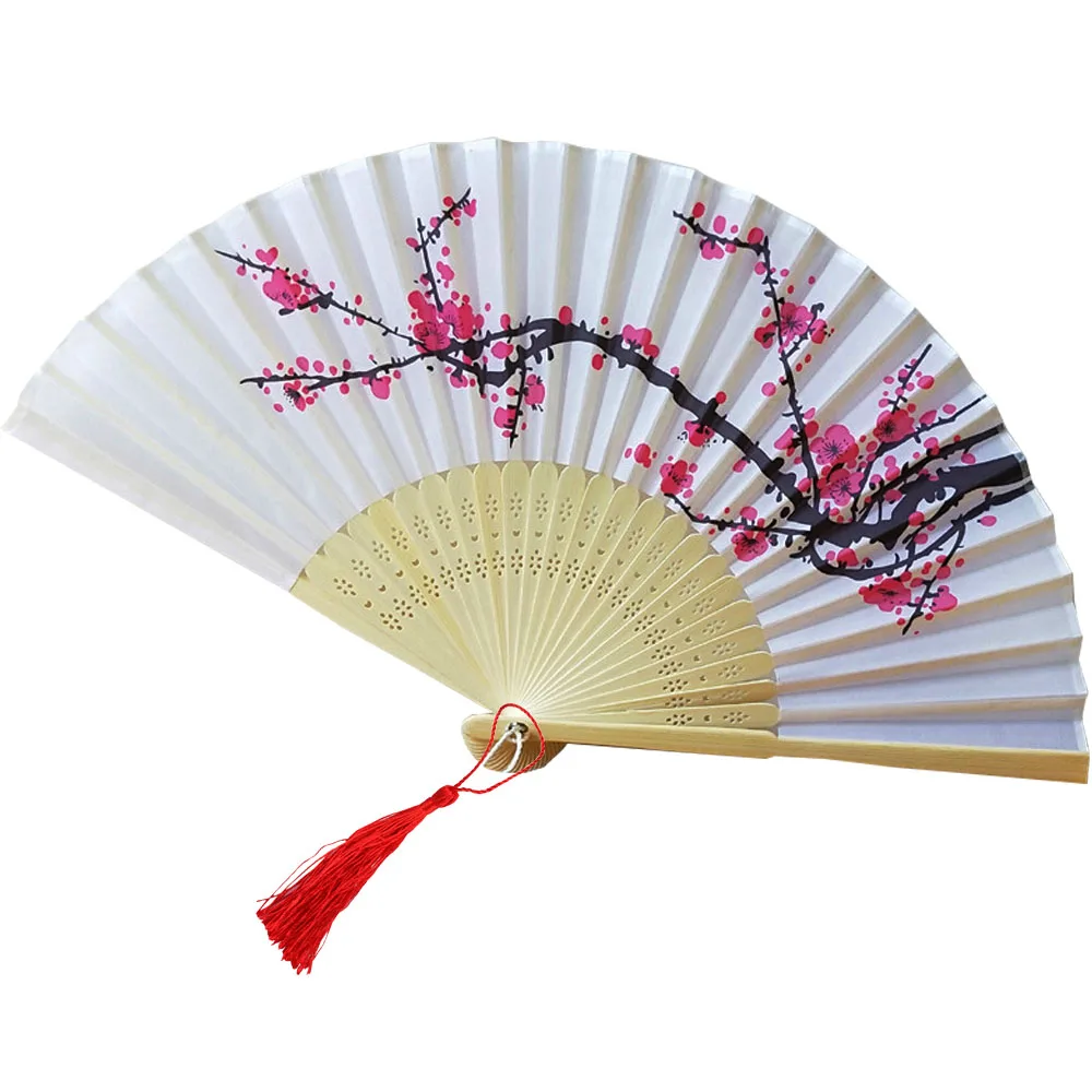 Bamboo Ribs Fabric Portable Plum Blossom Printing Folding Oriental Chinese Style Hand Fans with Tassel