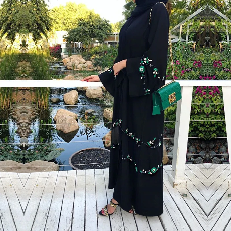 2024 New Design Open Abaya Black Arabic Luxury Handwork Pearls Embroidery Open Abaya