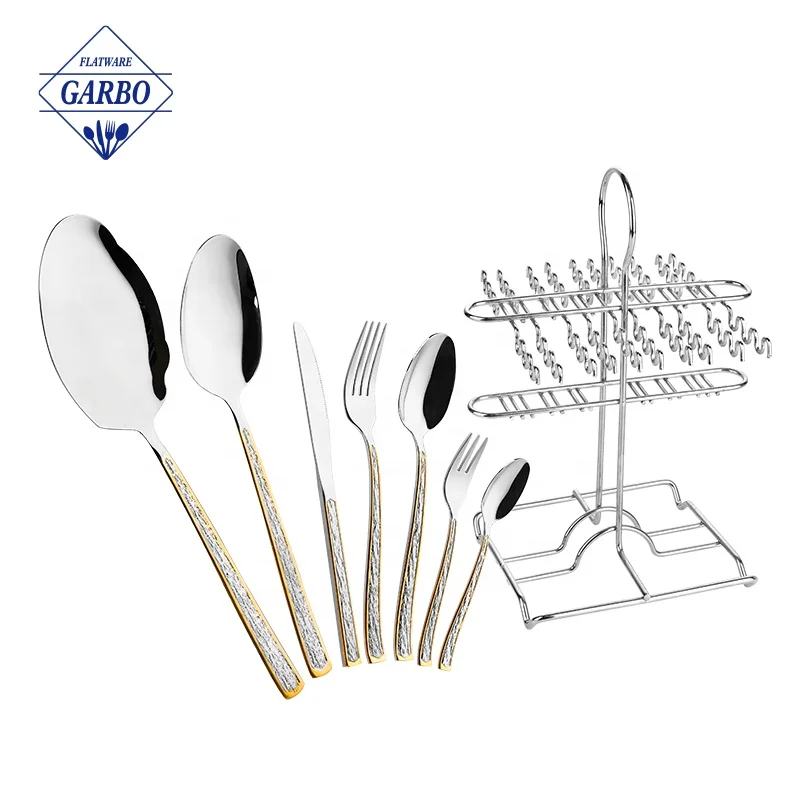 Middle East Egypt tableware 201 gold laser stainless steel spoon and fork 32pcs cutlery sets with hanging holder stand