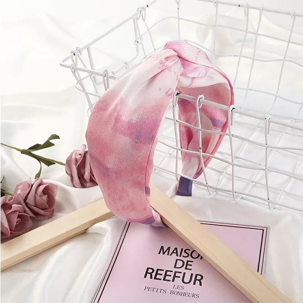 GEERDENG New Design Tie Dyed Satin Fabric Cross Knot Hairband Women Favorite Hair Trendy Chiffon Silk Headbands for Online Shops