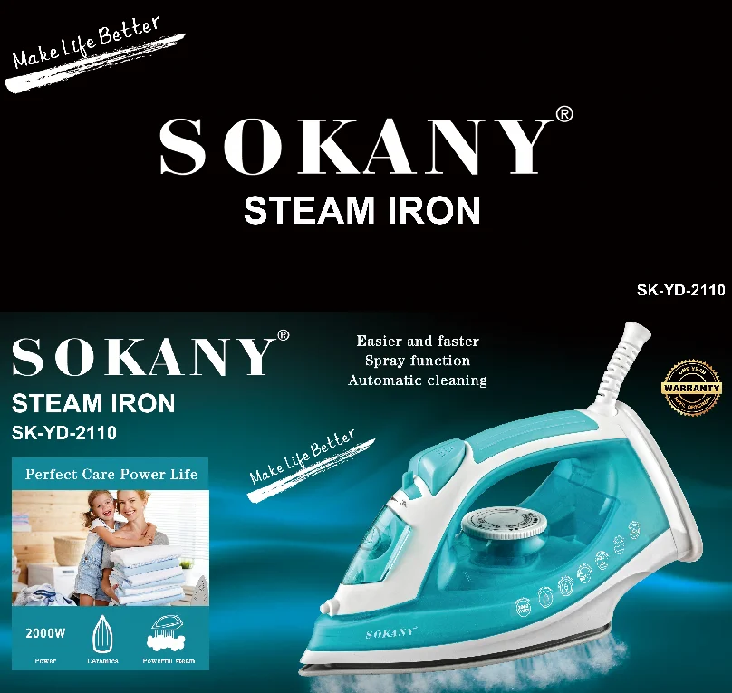 Sokany 2111 High Quality Iron 2000W Commercial Boiler Mini Steam Iron Travelling