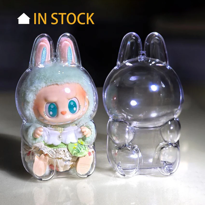 POP MART LABUBU Transparent Protective Shell Dust-proof Storage Clear PVC LABUBU Seating Party Protector Case with Chain