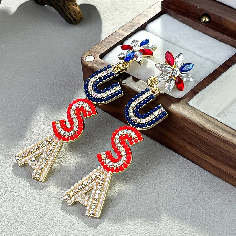 Hot Sale Personalized Beaded Tassel Earrings Independence American Flag Patriotic Pendant Earrings Letter USA Earrings Women