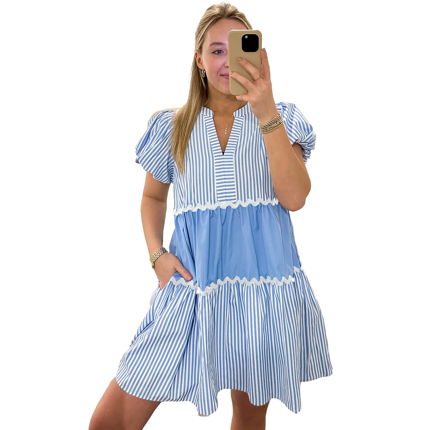 2024 Shewin boutique women clothing wholesale custom Logo Sky Blue Striped Patchwork Puff Sleeve Pocketed Mini Dress