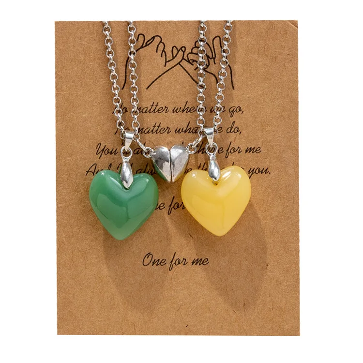 2pcs/pair Wholesale Charm Magnet Heart Pendant Multi Color Healing Natural Stone Couple Necklace Jewelry For Lovers