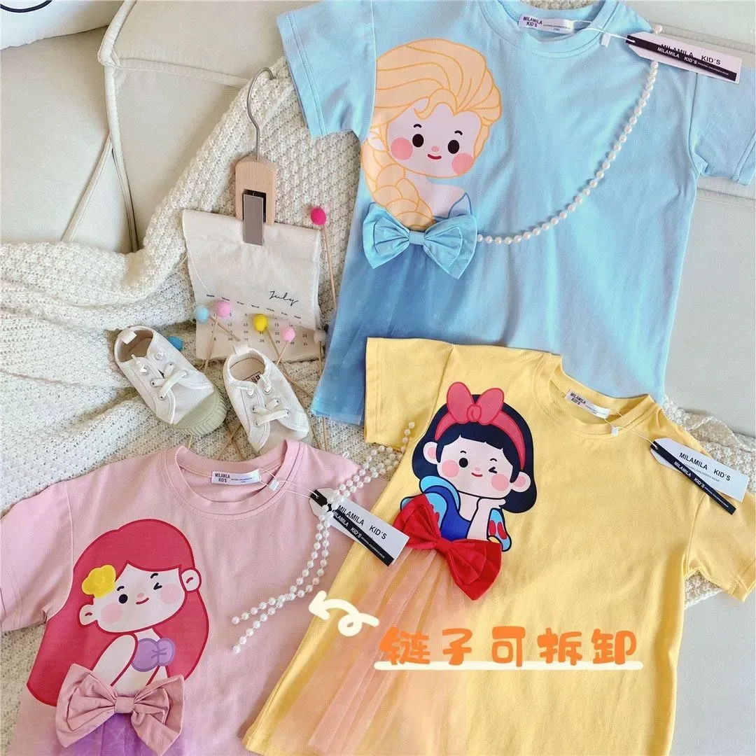 Princess Dress Little Girl Summer Short Sleeve Cute cartoon T-shirt skirt Baby casual long skirt bow style pearl gauze skirt