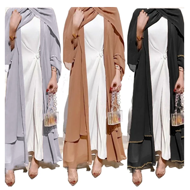 Prayer Dresses Muslim Manufacturer Clothes Long Sleeve Solid  Black Lace Dubai Muslim Belt Dress Lady Women Open Abaya