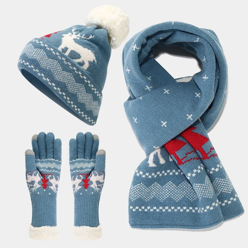 European American Elk Jacquard Three-Piece Set Cold-Proof Christmas Hat Scarf Gloves for Autumn Winter Warm Knitted Beanie Suit