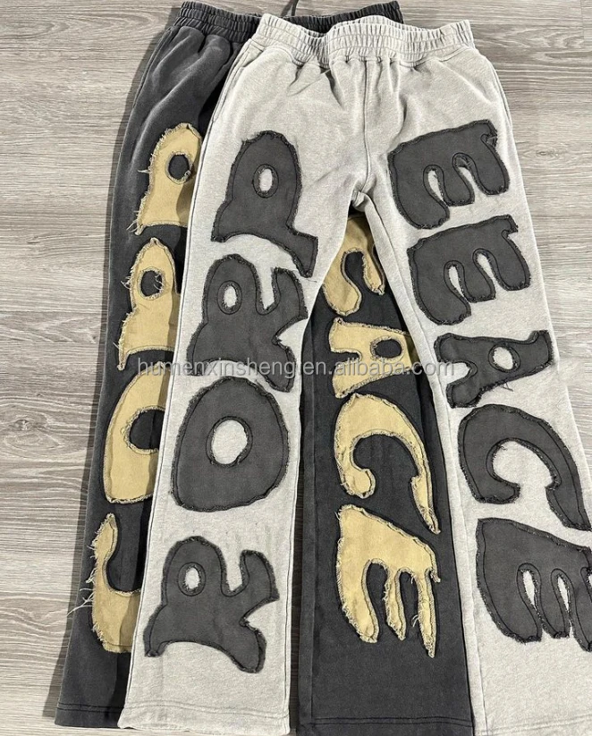 Dongguan clothing Custom distressed embroidery patch logo mens acid wash flare sweatpants jogger pants for men